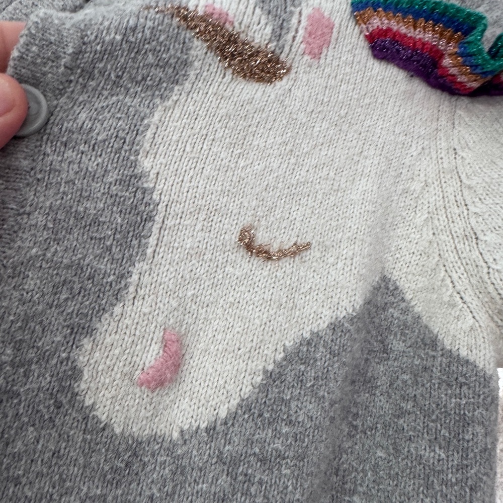 Mini Boden Girls Gray Unicorn Cardigan with rainbow sleeve detail. UNIQUE! 9/10 - Picture 4 of 4